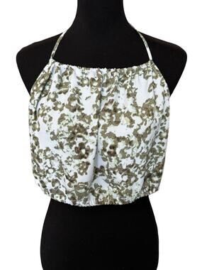 New Open Edit NORDSTROM Halter Neck Crop Top In Olive-Blue Cosmic Floral M